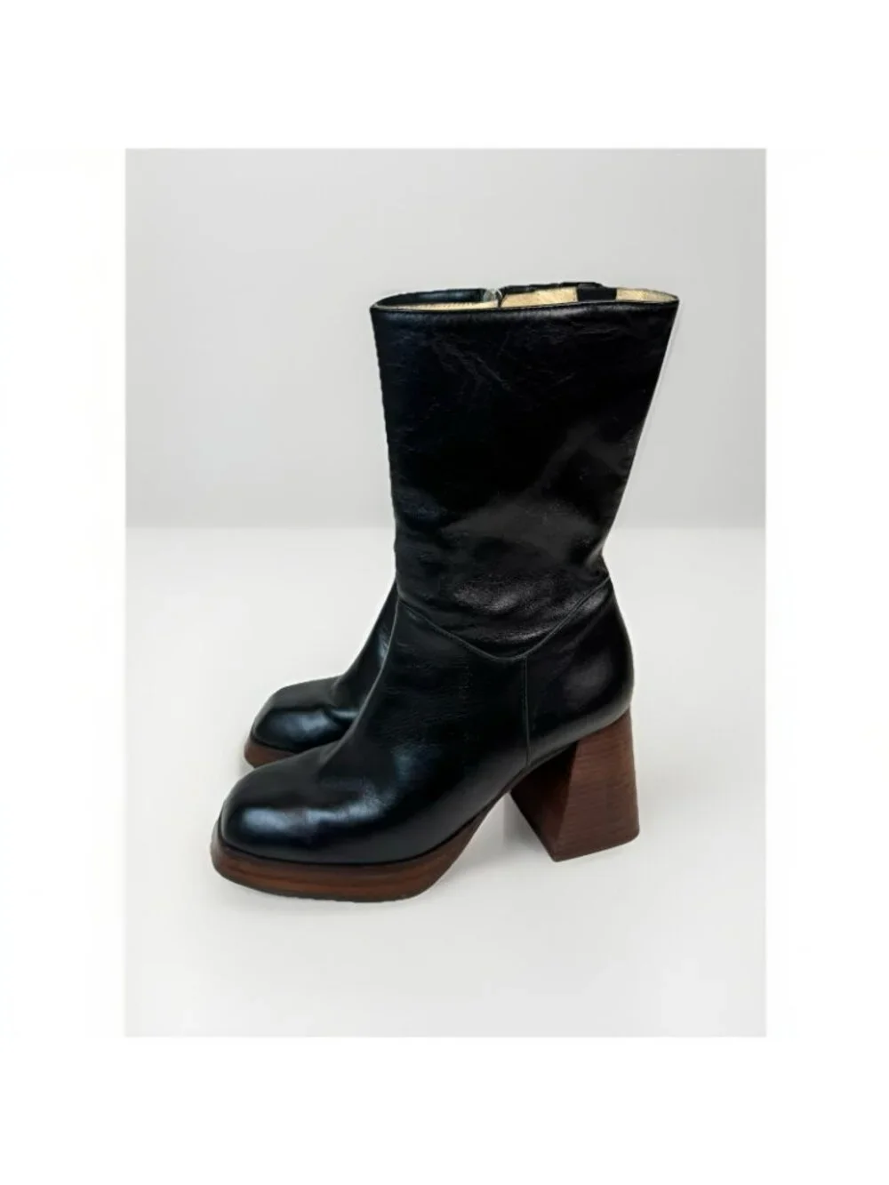 Ana Palma Mid Calf Leather Boots Black Block Heel Square Toe 90s Size 38 US 7 - Picture 4 of 12